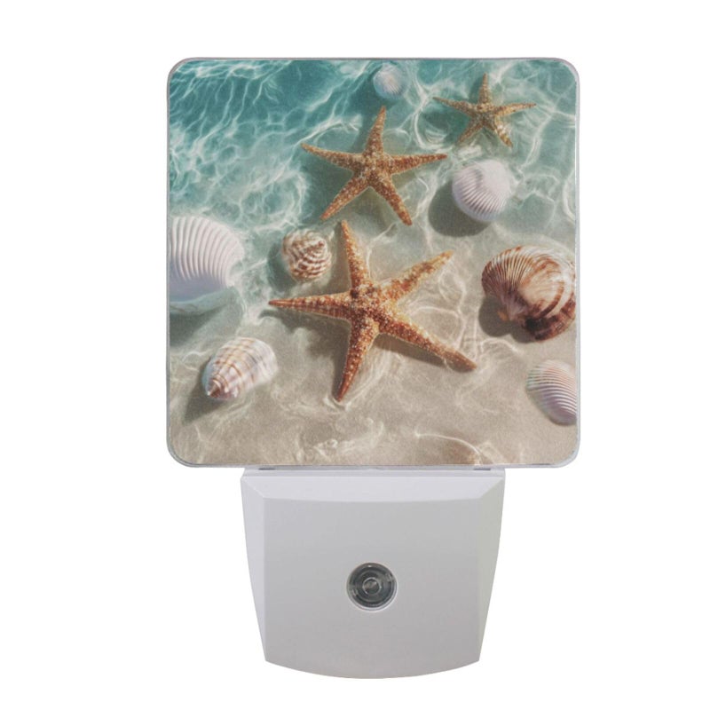 Vdsrup Summer Beach Starfishs Night Light Set of 2 Seashells Ocean Sea Plug-in LED Nightlights Auto Dusk-to-Dawn Sensor Lamp for Bedroom Bathroom Kitchen Hallway Stairs - Image 1